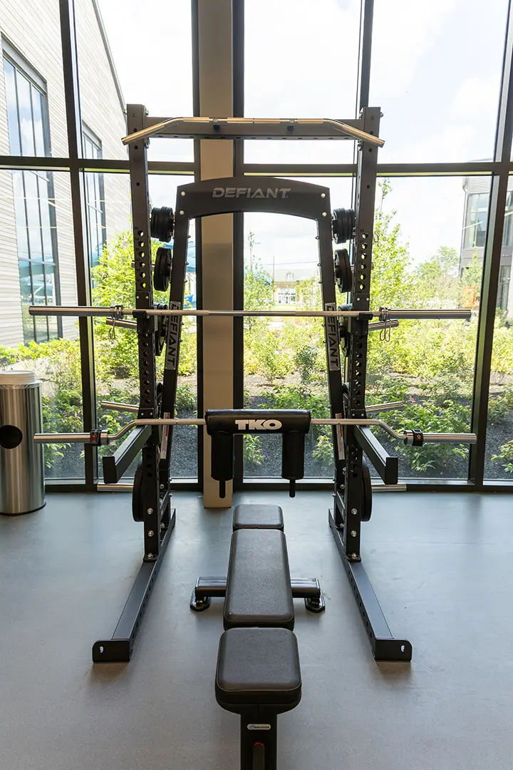 A squat exercise rack with two barbells on it